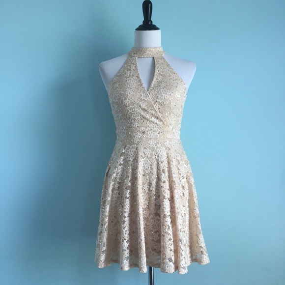City Studio Dresses & Skirts - NWT Champagne Lace Choker Halter Fit & Flare Dress